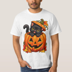 Schattige Zwarte Kat in Pompoen Halloween Griezels T-shirt