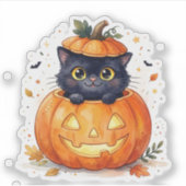 Schattige Zwarte Kat In Pompoen Jack O Lantern Hal Sticker (Voorkant)