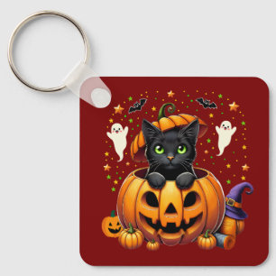 Schattige zwarte kat in pompoen - Spooky seizoen! Sleutelhanger