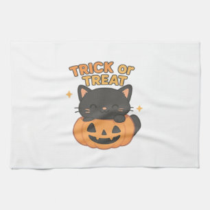 Schattige Zwarte Kat in Pompoen – Trick or Treat K Theedoek