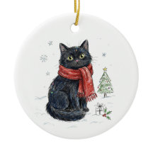 Schattige zwarte kat in rode sjaal Kerstboom Winte
