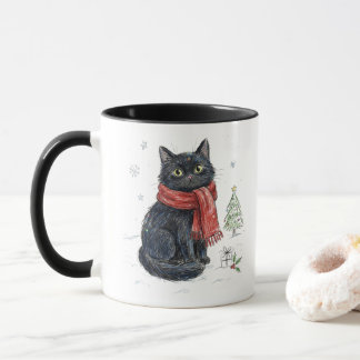 Schattige zwarte kat in rode sjaal Kerstboom Winte Mok