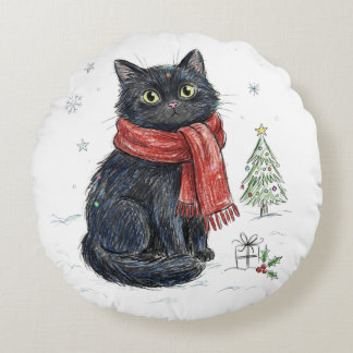 Schattige Zwarte Kat in Rode Sjaal Kerstboom Winte Rond Kussen