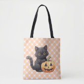 Schattige Zwarte Kat & Jack-O'-Lantern Halloween Tote Bag (Voorkant)