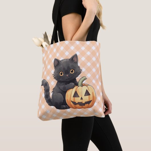 Schattige Zwarte Kat & Jack-O'-Lantern Halloween Tote Bag (Dichtbij)