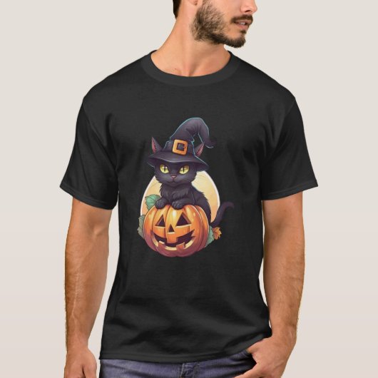 Schattige Zwarte Kat Jack O'Lantern Pompoen Volle T-shirt (Voorkant)