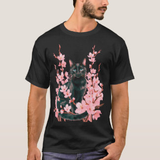 Schattige Zwarte Kat Kersenbloesem Japanse Sakura  T-shirt