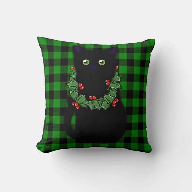 Schattige Zwarte kat Kerst kat groen zwart plaid Kussen (Voorkant)