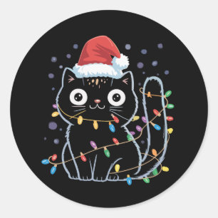 Schattige Zwarte Kat Kerstman Kerstlichten Meow Ki Ronde Sticker