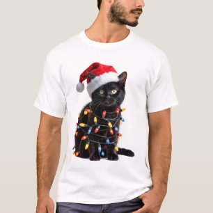 Schattige Zwarte Kat Kerstman Kerstlichtjes Meow K T-shirt