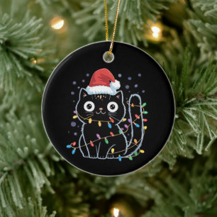 Schattige Zwarte Kat Kerstman Kerstverlichting Meo Keramisch Ornament