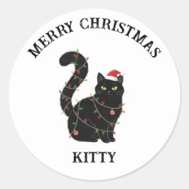 Schattige Zwarte Kat Kerststicker Ronde Sticker