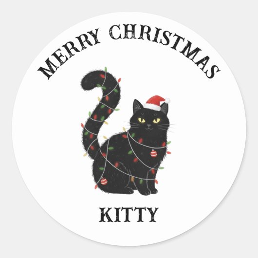 Schattige Zwarte Kat Kerststicker Ronde Sticker (Voorkant)