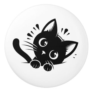 Schattige Zwarte Kat Kijkt Even Keramische Knop