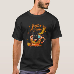 Schattige Zwarte Kat Koffiekop Hallo Herfst T-shirt