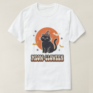 Schattige Zwarte Kat Meow-lloween Retro Heksenhoed T-shirt