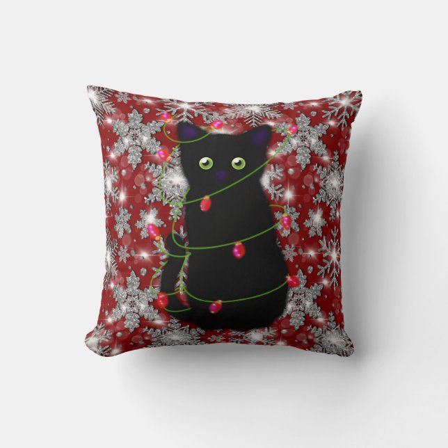 Schattige zwarte kat Meowy Kerstmis glinsterende s Kussen (Voorkant)