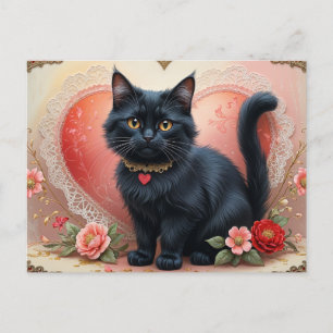 Schattige zwarte kat met bloemen briefkaart