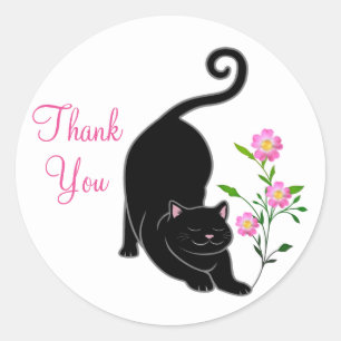 Schattige zwarte kat met bloemen Dank je Ronde Sticker