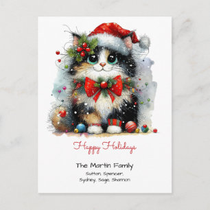Schattige zwarte kat met een kerstmuts, fijne fees briefkaart