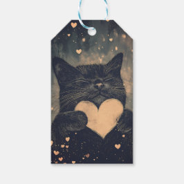 Schattige zwarte kat met gouden hart cadeaulabel