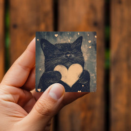 Schattige zwarte kat met gouden hart vierkante sticker