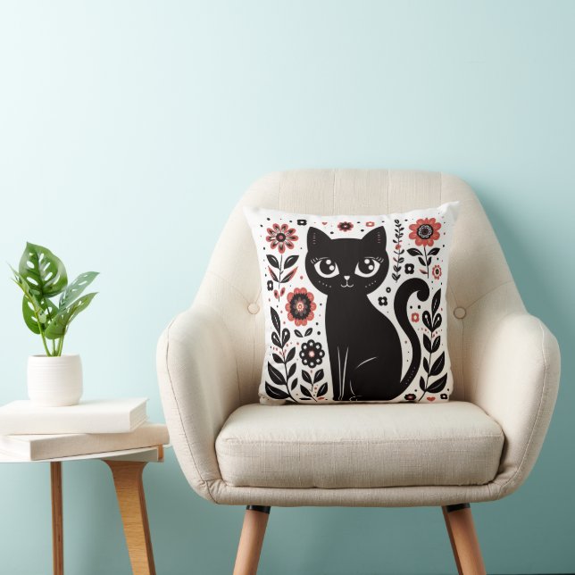 Schattige zwarte kat met grote ogen en bloemen kussen (Stoel)