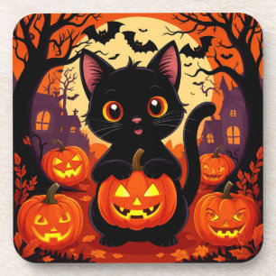 Schattige Zwarte Kat met Halloween Pompoenen Bier Onderzetter