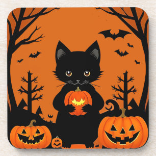 Schattige Zwarte Kat met Halloween Pompoenen Bier Onderzetter