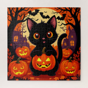 Schattige Zwarte Kat met Halloween Pompoenen Legpuzzel