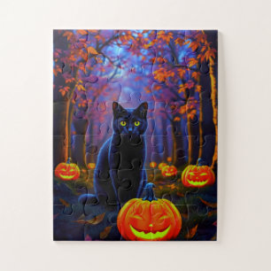 Schattige zwarte kat met Halloween pompoenen Legpuzzel