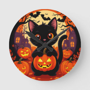 Schattige Zwarte Kat met Halloween Pompoenen Ronde Klok