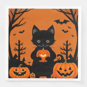 Schattige Zwarte Kat met Halloween Pompoenen Servet