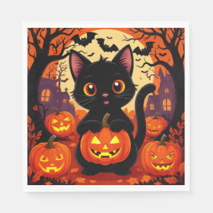 Schattige Zwarte Kat met Halloween Pompoenen Servet