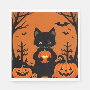 Schattige Zwarte Kat met Halloween Pompoenen Servet