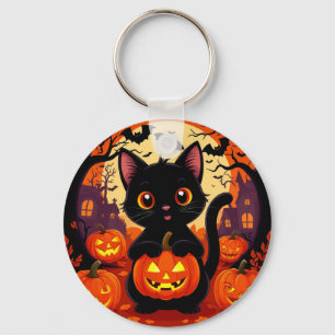 Schattige Zwarte Kat met Halloween Pompoenen Sleutelhanger