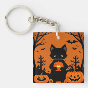 Schattige Zwarte Kat met Halloween Pompoenen Sleutelhanger
