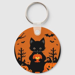 Schattige Zwarte Kat met Halloween Pompoenen Sleutelhanger