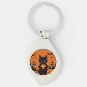 Schattige Zwarte Kat met Halloween Pompoenen Sleutelhanger