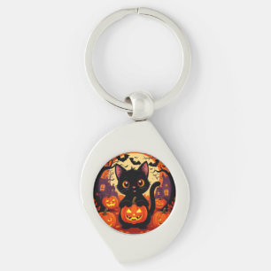 Schattige Zwarte Kat met Halloween Pompoenen Sleutelhanger