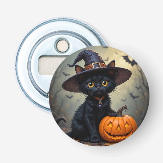 Schattige zwarte kat met heks Pet Button Flesopener (Voorkant)