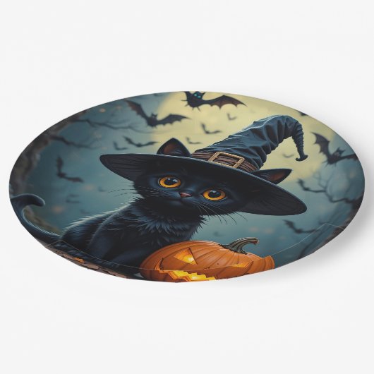 Schattige zwarte kat met heks Pet Papieren Bordje (Gekanteld)
