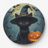 Schattige zwarte kat met heks Pet Papieren Bordje (Voorkant)