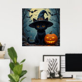 Schattige zwarte kat met heks Pet Poster (Thuiskantoor)