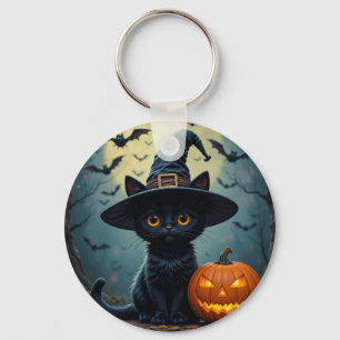 Schattige zwarte kat met heks Pet Sleutelhanger
