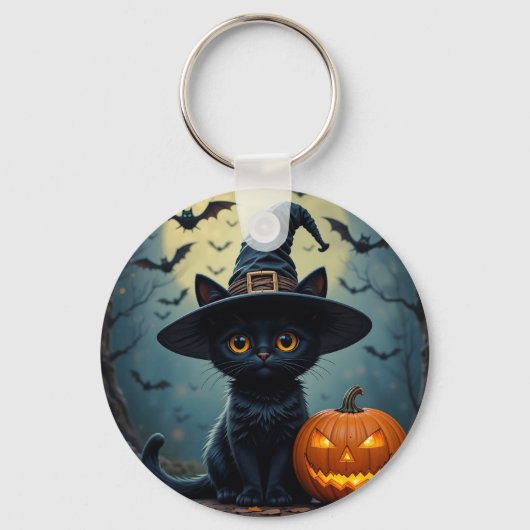 Schattige zwarte kat met heks Pet Sleutelhanger (Voorkant)
