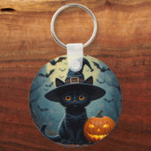 Schattige zwarte kat met heks Pet Sleutelhanger (Achterkant)