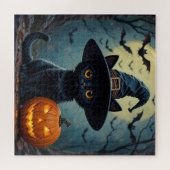 Schattige Zwarte Kat met Heksenhoed Legpuzzel (Horizontaal)