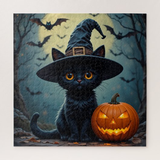 Schattige Zwarte Kat met Heksenhoed Legpuzzel (Verticaal)