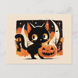 Schattige Zwarte Kat met Jack-o'-lantaarn Feestdagenkaart